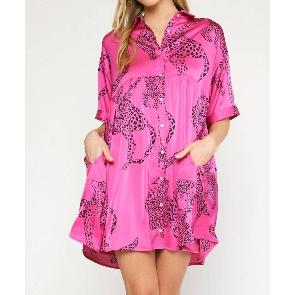 NEW ENTRO satin cheetah mini dress in hot pink